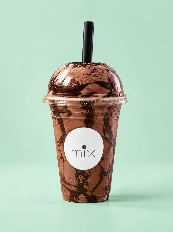Concept styling for Brownie Batter: a MIX cup on a colored backdrop (illustrative, not a photo of the actual drink)