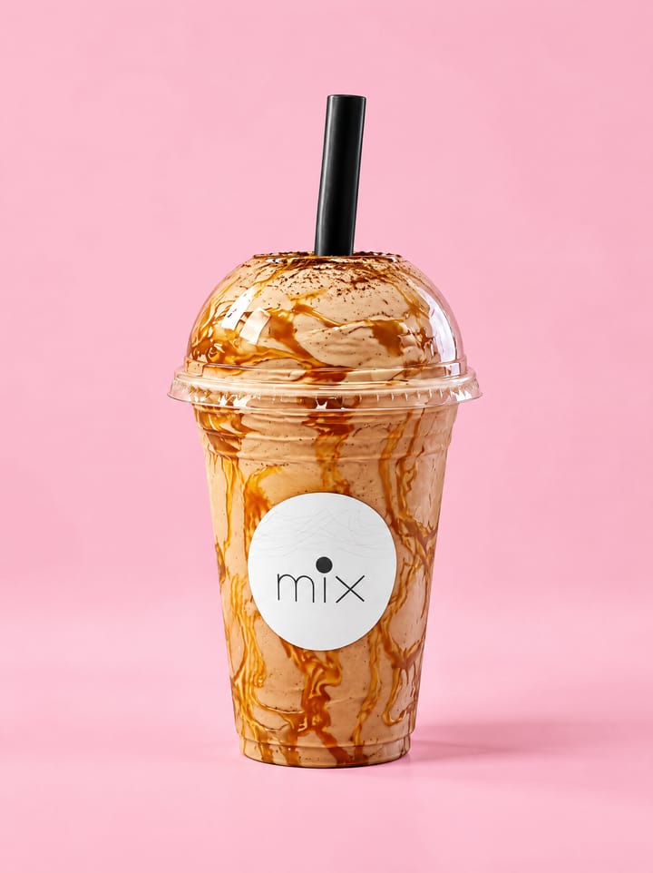 Concept styling for Caramel Mocha: a MIX cup on a colored backdrop (illustrative, not a photo of the actual drink)